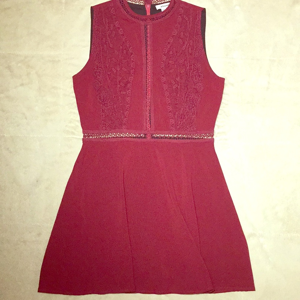 High-neck sleeveless red dress w/ crochet cut-outs